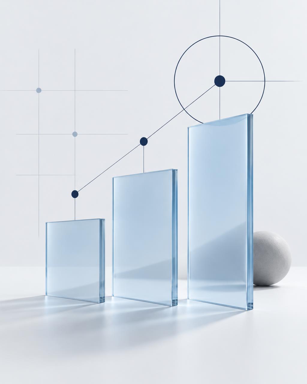 Abstract composition of ascending translucent powder-blue glass bars with a rising navy trendline and a target, symbolizing growth and strategic marketing